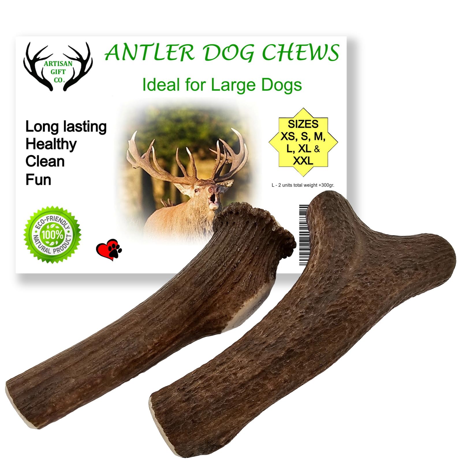 ARTISAN GIFT CO Naturally Shed 100% Natural Premium Deer Antler Chew for Dogs - Minimum pack weight 300g (L - 2 Units)