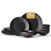 KINGSTONE 12-Piece Matte Crackle Dinnerware Set, Black and Gold | Porcelain Plates &amp; Bowls Set | Scratch Resistant Handcrafted Gold Luster | Microwave, Dishwasher Safe | Serves 4 | Ideal Gift
