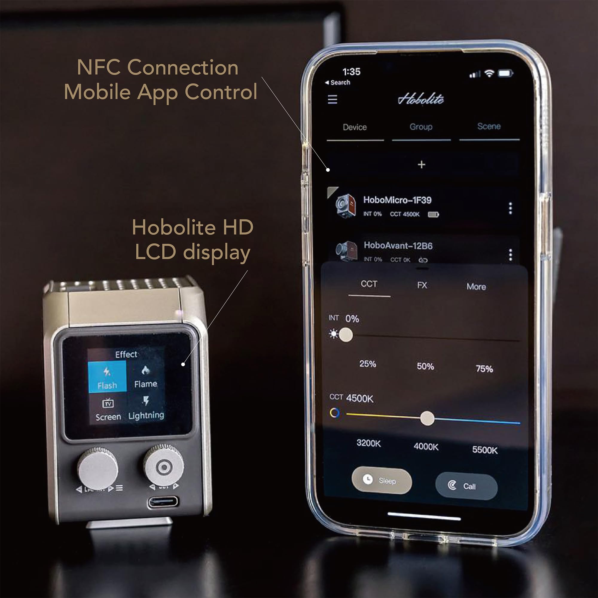 Hobolite Micro Photogrphy Lighting Creator Kit with LCD Display, 8W Portable Light for Photo and Video with Detachable Battery, App Control, 2700K-6500K Bi-Color Studio Light