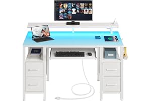 Seventable White Computer Desk with Drawers, Gaming Desk with Keyboard Tray, Office Desk with LED Lights & Power Outlets, 47 inch Writing Desk with Monitor Stand for Small Space