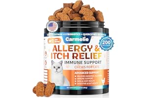 CARMELIE Cat Allergy Relief Chews 200 pcs - Cat Itchy Skin & Paw Licking Relief - Omega 3 & Probiotic for Cats - Anti-Itch Relief for Skin & Coat Health, Immune Support, Seasonal Allergies - Chicken Flavor