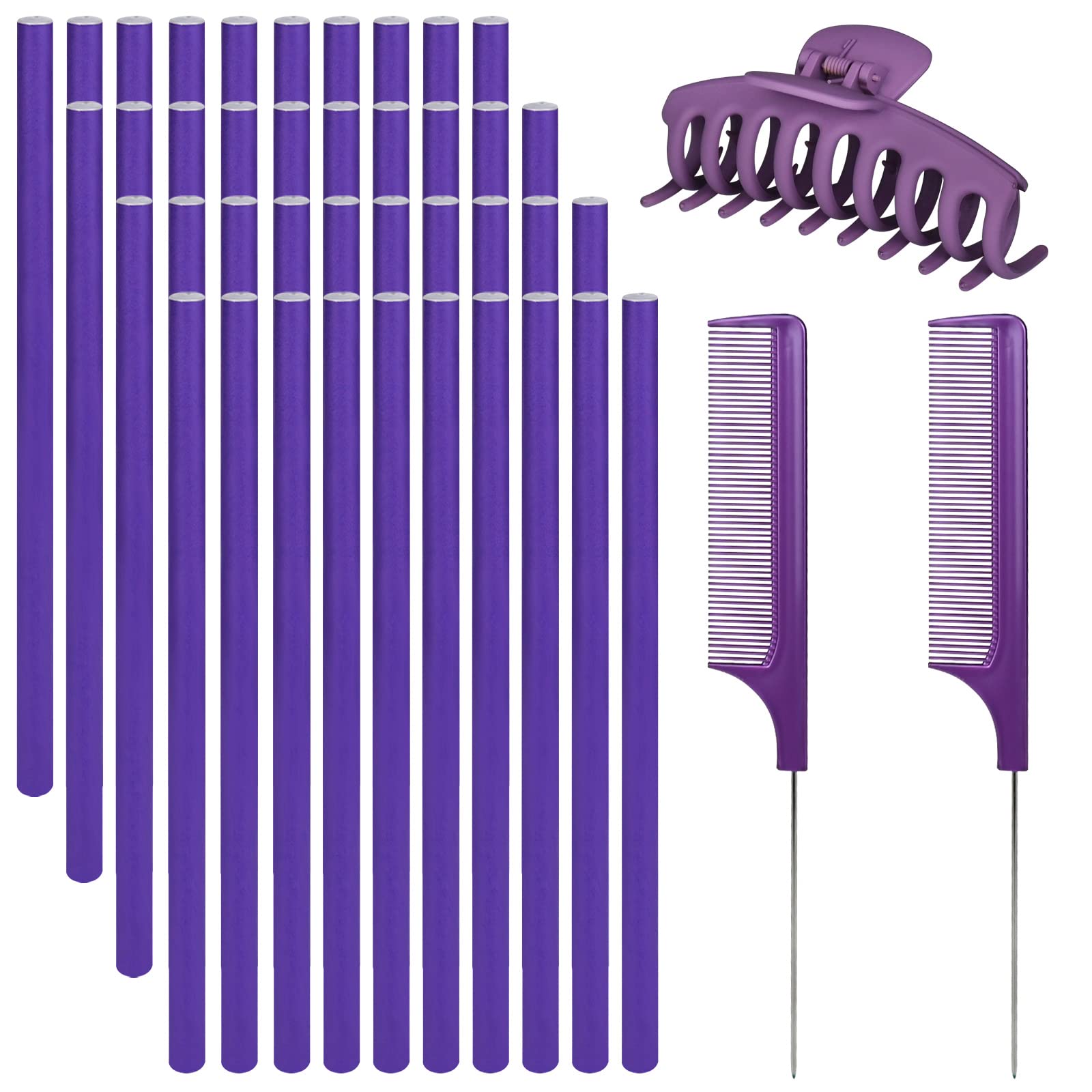 Yicaam 40 Pcs Flexible Hair Curler Rod Twist Foam Hair Curlers No Heat Soft Twist Hair Roller + 2 Pcs Hair Comb + 1 Pcs Hair Claw, Heatless Hair Curler Rods (24x1.2cm) for Short Long Hair, Purple