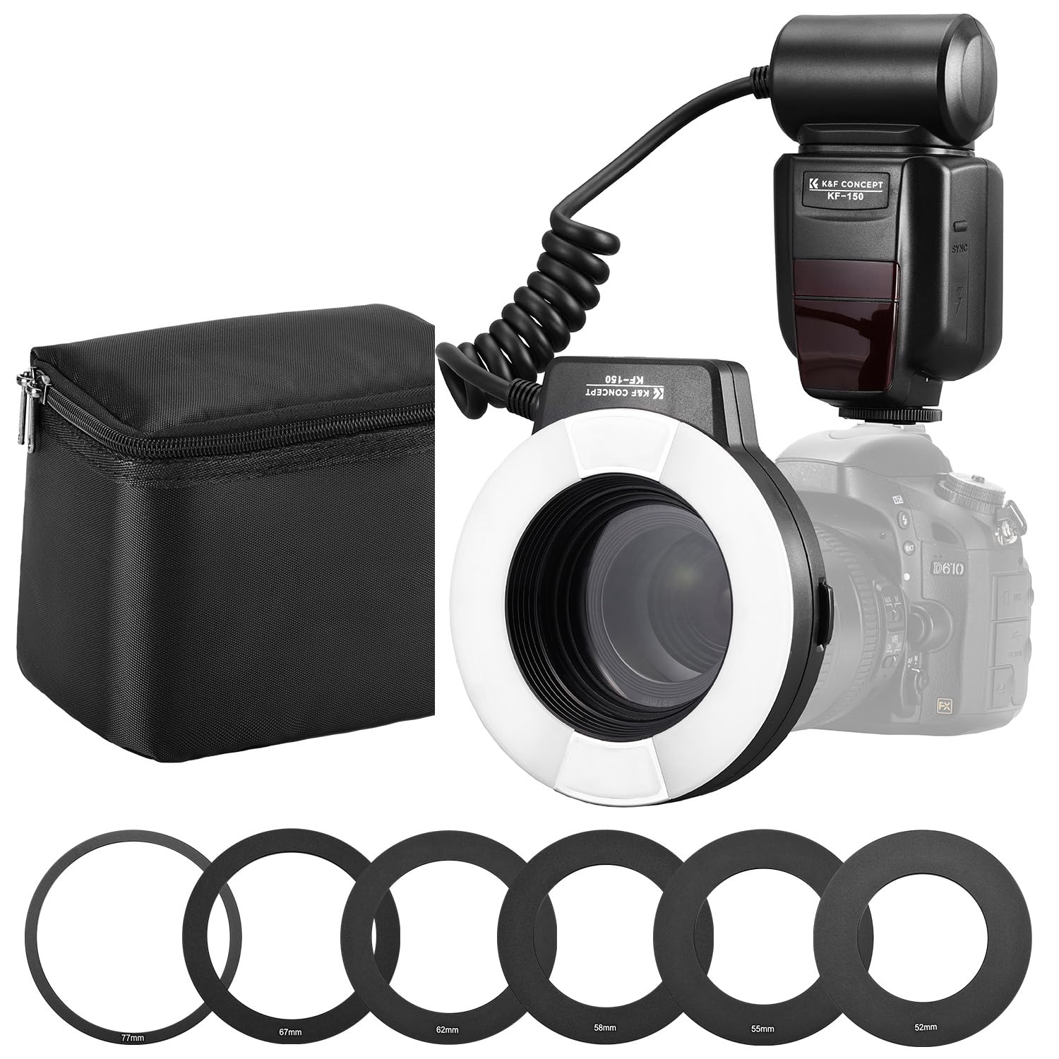 Macro Flash Ring,Ring Flash Nikon,K&F CONCEPT KF-150N I-TTL Flashing Rings with 52 55 58 62 67 77mm compatible with Nikon DSLR Cameras D7100 D7000 D5300 D5100 D3200 D3100 D7200 D500 D5600 D3400 D7500