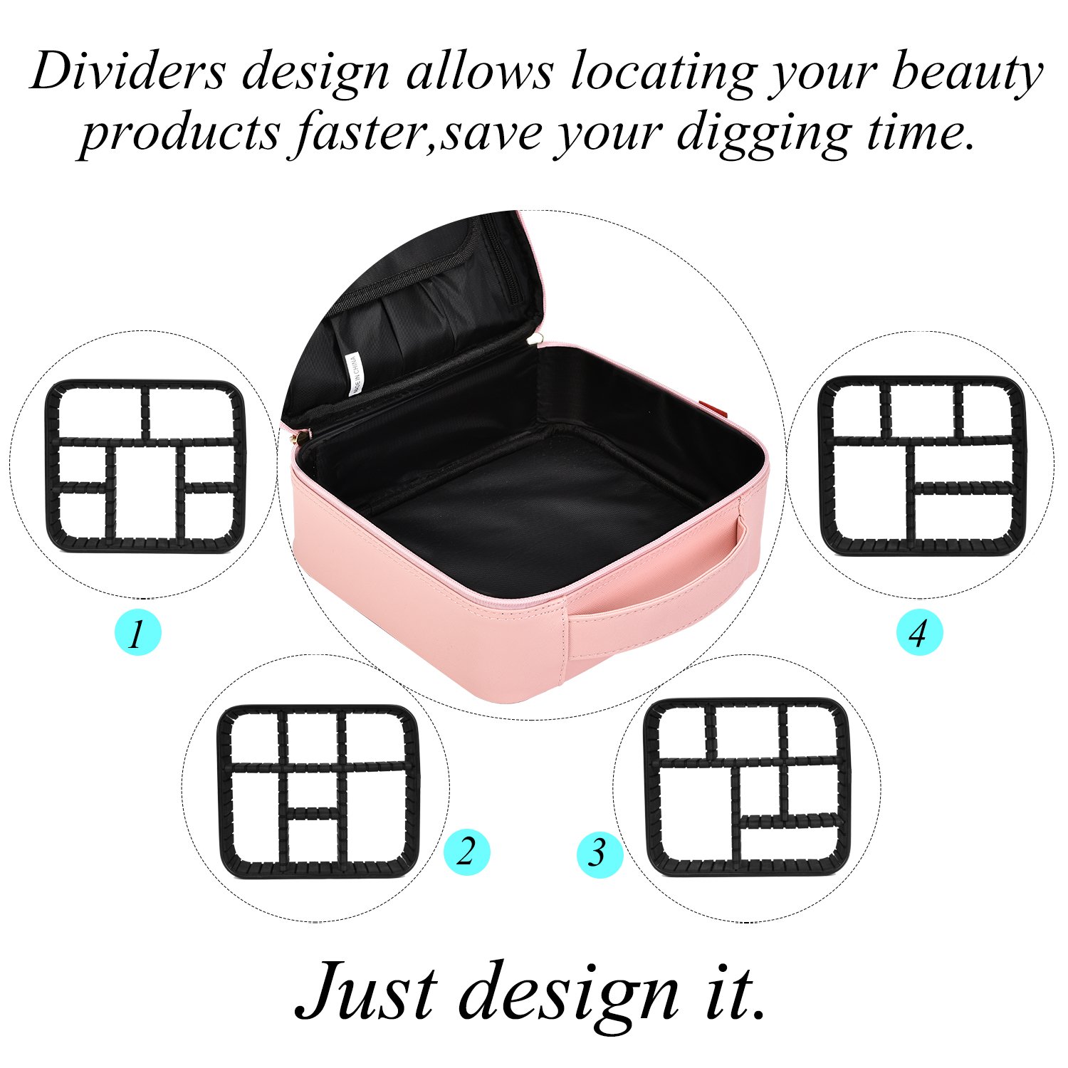 NiceEbag Makeup Bag Travel Cosmetic Bag for Women Cute Makeup Case Large Leather Cosmetic Train Case Organizer with Adjustable Dividers for Cosmetics Make Up Tools Toiletry Jewelry, Rose gold : Beauty