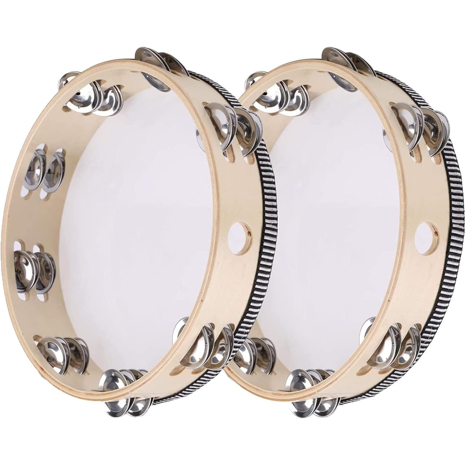 2 Pack Tambourine, Wooden Tambourine, Handheld Tambourine, Wooden Hand Drum with Jingle Bells, Percussion Musical Instrument for Rhythm Learning, Performance
