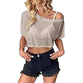 Hilinker Women's Sheer Mesh Crop Tops See Through Off The Shoulder Shirts Short Sleeve Tee