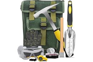 HEAR XSUS 8 PCS Rockhounding Tools - Geology Rock Pick Hammer Kit, Musette Bag & 22oz Hammer, Digging Chisels, Shovel, Magnifying Glass, Whistle, Goggles, Gloves