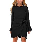Girl's Midi Dresses Solid Waffle Knit Dress Flared Long Sleeve Belted Dress for Kids