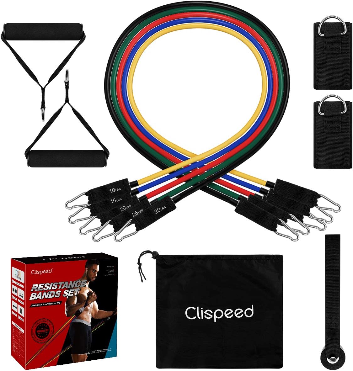 CLISPEED Stackable Resistance Bands 11-Piece Set with Extra Large Handles, Door Anchor, Ankle Straps, Exercise Guide and Carrying Case