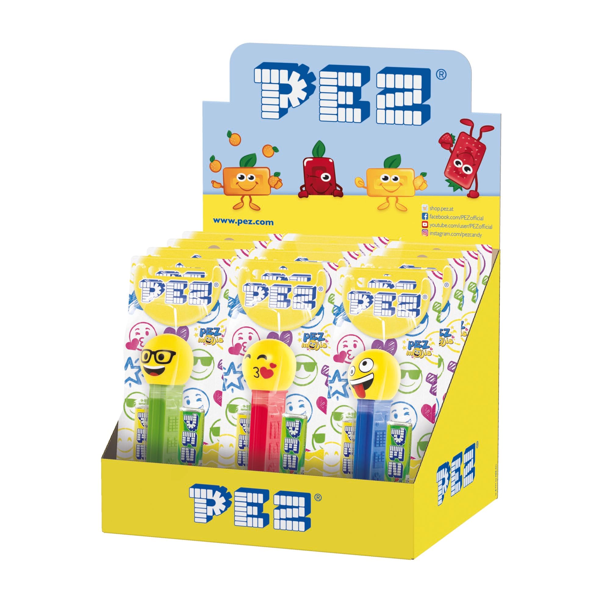PEZ Emoji Character Sweet Dispensers, Lemon & Apple Flavoured, Multipack of 12 (2 x Refill Pack Per Dispenser)