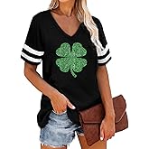 Roshop St Patricks Day Shirt Women V Neck Short Sleeve Green Clover Lucky Irish Shamrock Shirts