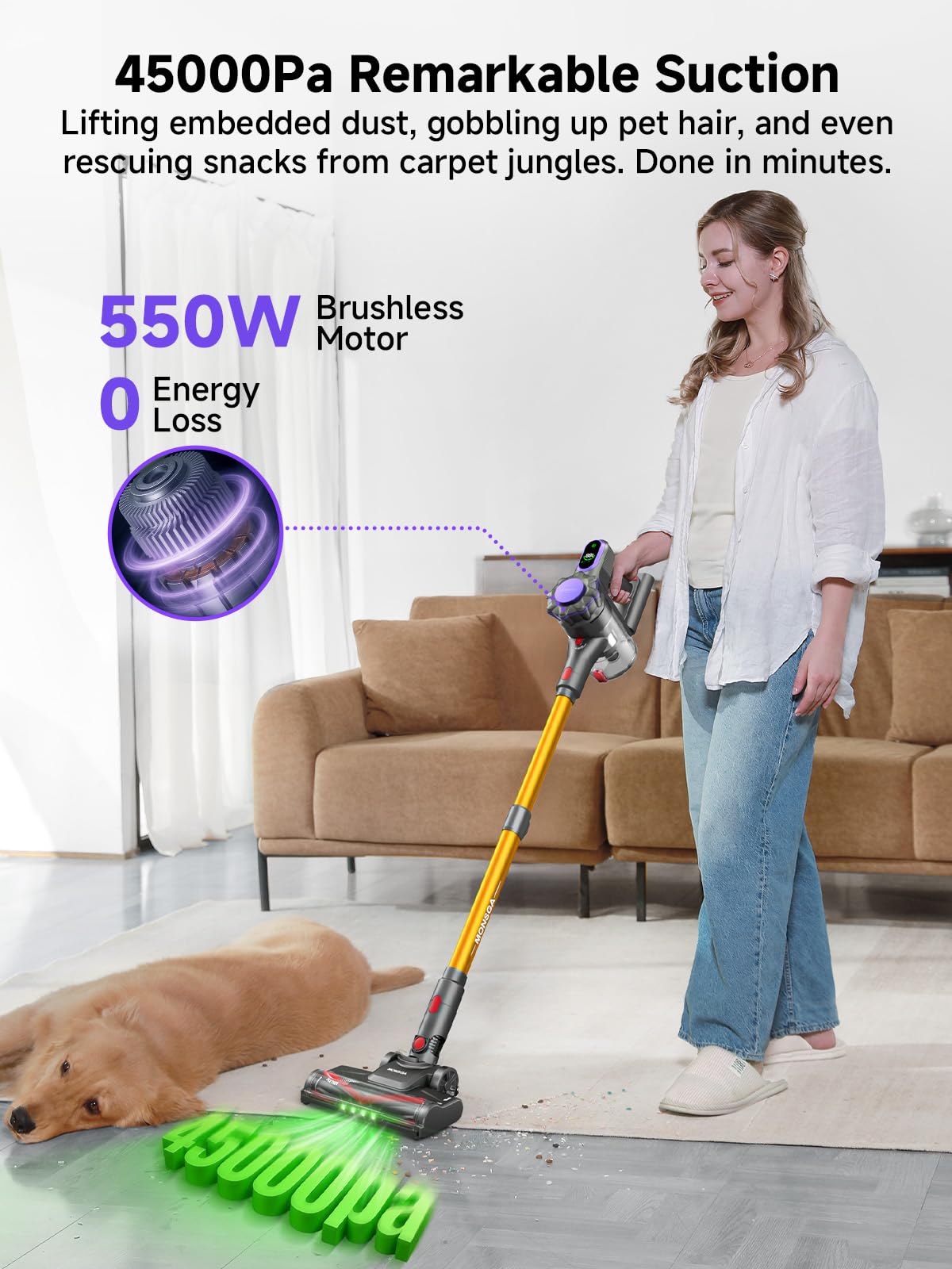 MV3 Cordless Vacuum Cleaner, 45KPa/550W/50Mins Stick Vacuum for Home, Anti-Tangled Vacuum Cleaner with Detachable Battery, LED Display, Lightweight Handheld Vacuum for Pet Hair/Carpet/Floor