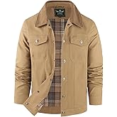 Flygo Mens Flannel Lined Shirt Jacket Cotton Corduroy Turndown Collar Snap Button Rugged Cargo Trucker Jacket Multi Pockets