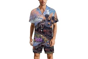 Steam Engine Train Men's Short Sleeve Pajama Set Satin Silk Like Lounge Sleepwear