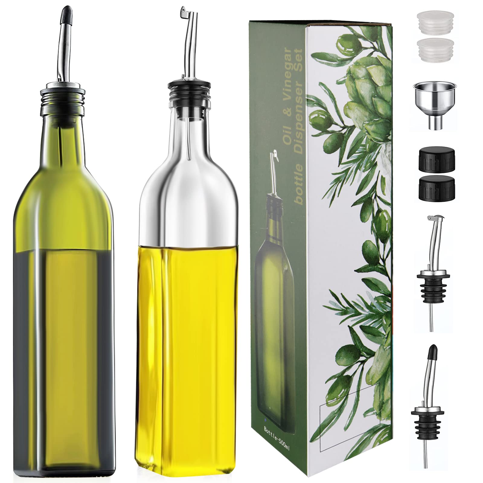 CUNQN Olive Oil Dispenser Glass Oil Pourer Drizzle Bottle Vinegar Container Cruet Bottles Cooking Dispensing Set 500ML 2PCS