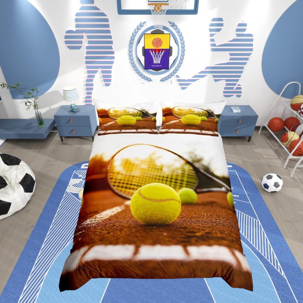 Homemissing Kids Tennis Ball Bedding Set 3D Tennis Racket Duvet Cover for Boys Girls Women Men Bedroom Sports Theme Decor Comforter Cover Set 3D Ball Pattern Bedspread Cover Double Size — image 1