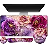 Gaming Mouse Pad, Large Desk Mat, Cute Desk Pad Protector, 4in1 XXL Mousepad + Keyboard Wrist Rest+Mouse Wrist Rest+Coaster Set with Ergonomic Desk Pad for Home Office PC, Marble Rose Purple Flowers