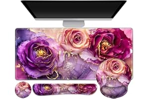 TOLULU Gaming Mouse Pad, Large Desk Mat, Cute Desk Pad Protector, 4in1 XXL Mousepad + Keyboard Wrist Rest+Mouse Wrist Rest+Coaster Set with Ergonomic Desk Pad for Home Office PC, Marble Rose Purple Flowers