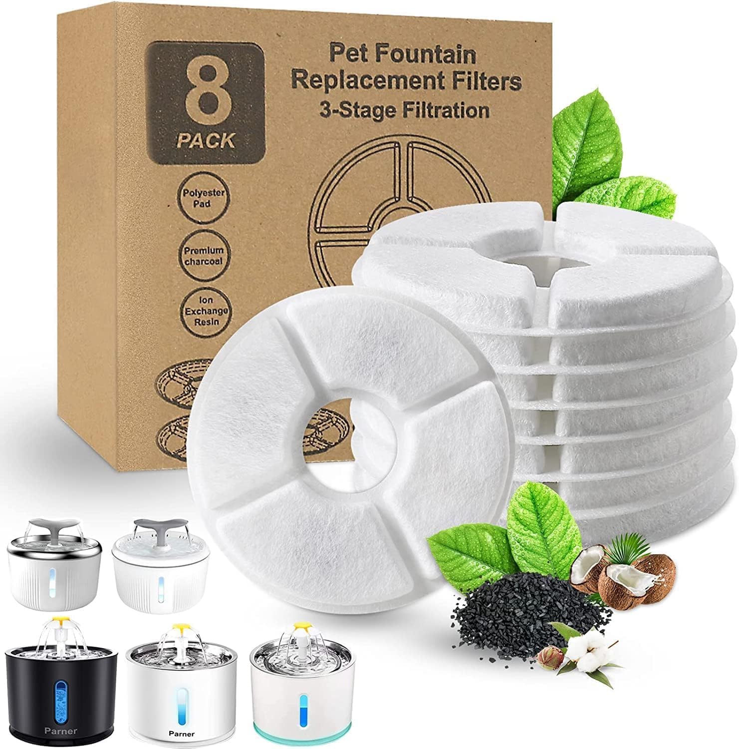 Parner 8 Pack Replacement Filter for Cat Fountain, Healthy and Hygienic Filter for Pet Water Dispenser