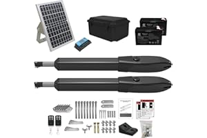 JUJIANG Solar Gate Opener with Batteries & Solar Panel for Dual Swing Gates Up to 660lb per Arm Automatic Gate Openers with Remote Complete Kit Medium Duty Electric Gate Opener Solar Powered PKM-C026