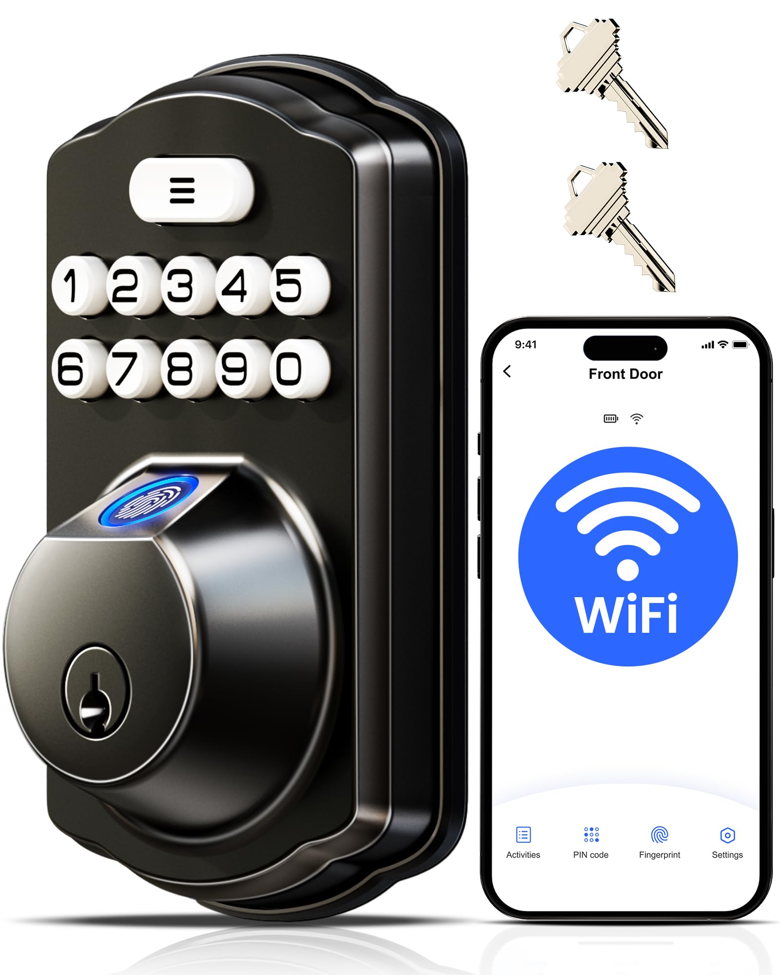 Photo 1 of Veise VE012W Built-in WiFi Fingerprint Smart Lock, App Remote Control, No Hub Needed, Keyless Entry, Front Door Smart Deadbolt, Digital Keypad, Auto Lock, IP55 Waterproof, BHMA Grade 3, Matte Black