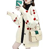 FindThy Women’s Fuzzy Cherry Knitted Cardigan Long Sleeve Button Up Kawaii Cardigans Tops