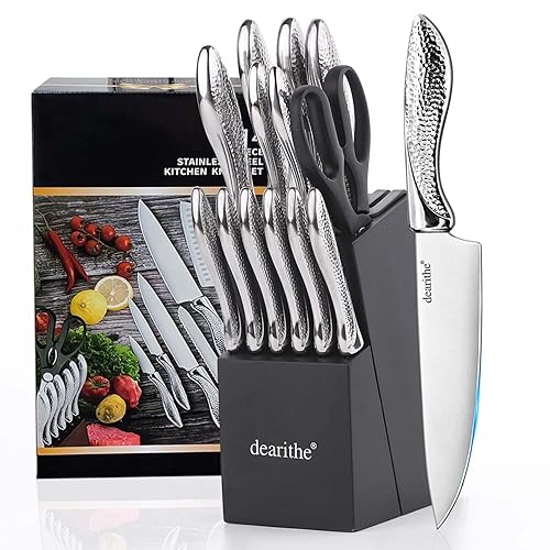 dearithe Knife Sets for Kitchen with Block, 14 Piece High Carbon Stainless Steel Knife Block Set with Built-in Sharpener, Professional Kitchen Knife Set, Hammered Pattern Hollowed Handle Design