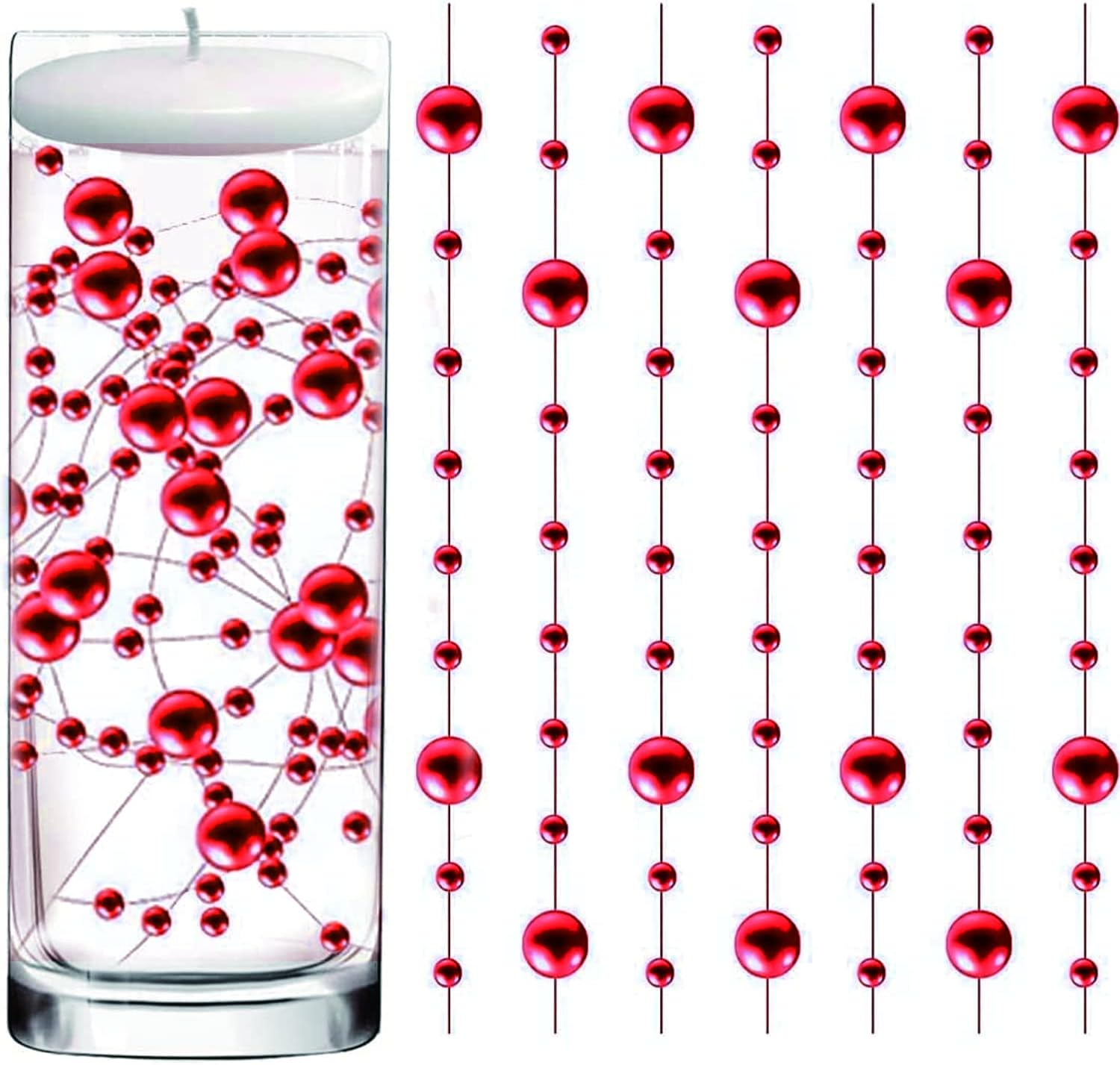 Vase Fillers - 50 Pcs Pearl String for Floating Candles Centerpiece, Red Faux Pearl Beads Vase Filler for Wedding Table Décor.