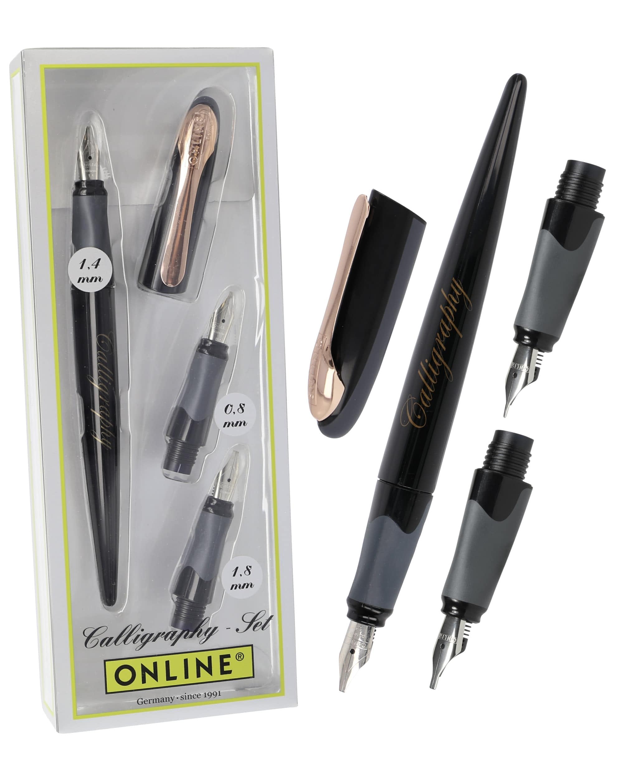 Online calligraphy-set AIR black rose, fountain pen with 3 calligraphy nibs in 3 line widths 0.8/1.4/1.8 mm, standard ink cartridges or converter, gift set for writing fans, journaling, lettering