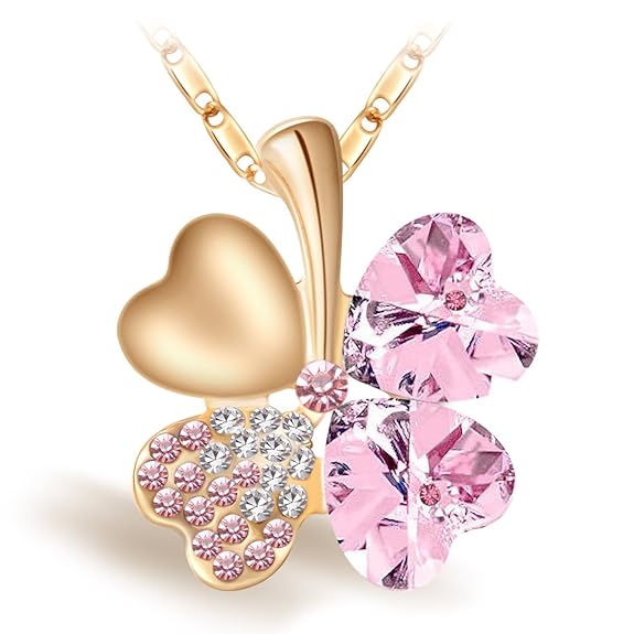 Joyfulshine Damen Kette Anhänger Halskette, Vier Blatt Klee Herzform Kristall Anhaenger, 18K Vergoldete Kette, 42cm + 6cm Hal