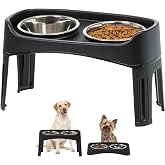 IRIS USA Elevated Dog Bowls, Dual Height 4.63" or 12.25" Made in USA, Black | Includes 2 Stainless Steel Bowls (64oz), Spill Guard, Height Adjustable, Non-Slip Feeder, Helps Reduce Neck Strain