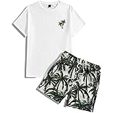 GORGLITTER Men's 2 Piece Short Sleeve Graphic Tee Hawaiian Printed Drawstring Shorts Set