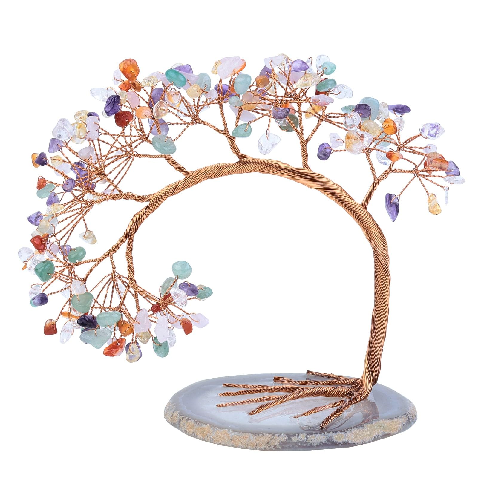 KYEYGWO Rainbow Crystal Money Tree FengShui Bonsai Figurines with Agate Slices Base, Crystal Tree Home Office Ornament for Good Luck and Wealth, 4.5-5.2 inches Tall
