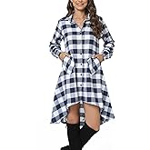 olrain Womens Plaids V Neck Long Sleeve Irregular Hem Casual Shirt Dress