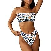 ZAFUL Women Strapless Textured Bandeau Bikini 2 Piece Swimwear Cheeky Solid Lace up Bathing Suits