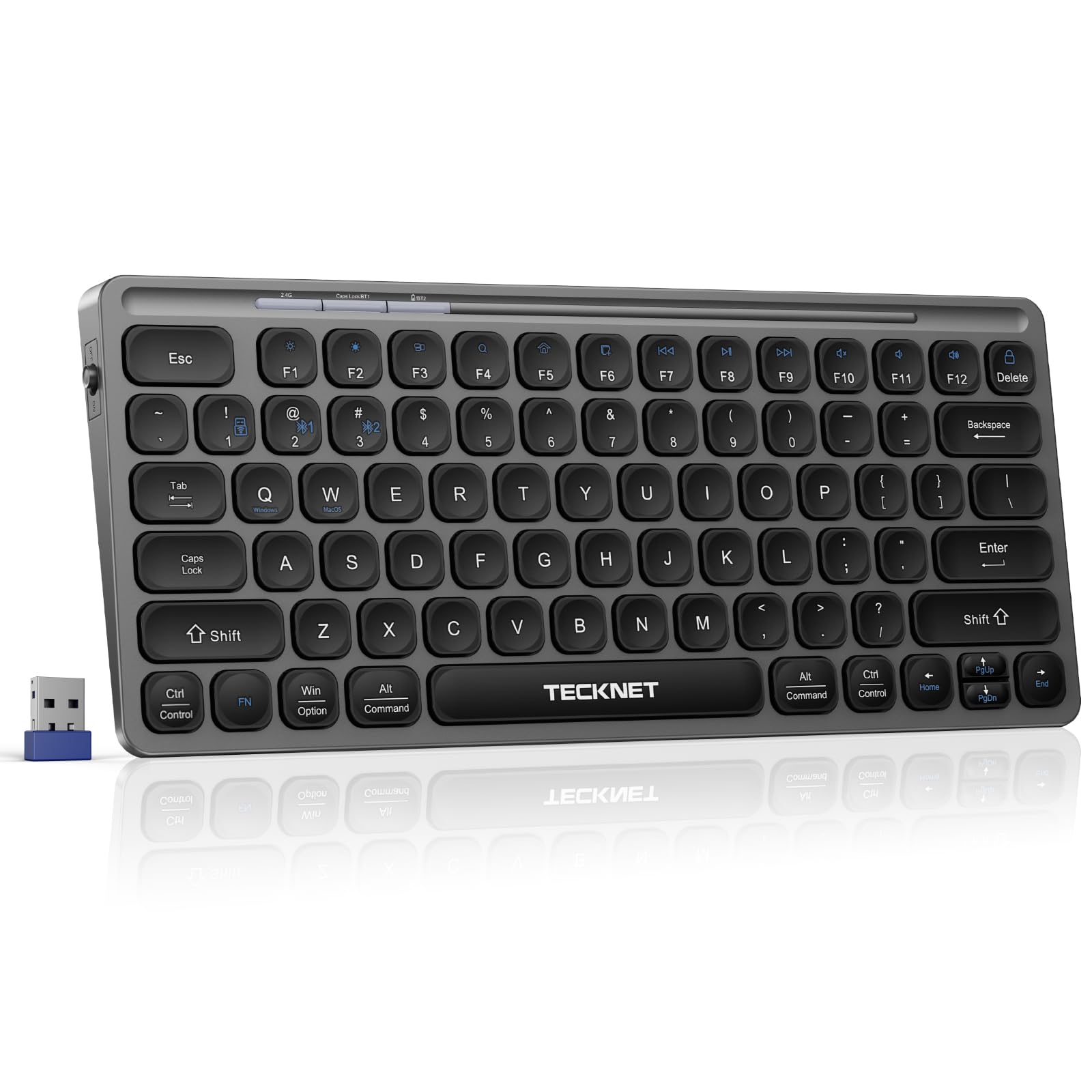 Photo 1 of TECKNET Wireless Bluetooth Keyboard, Slim Rechargeable Keyboard (2.4G+BT 5.0), Multi-Device Easy-Switch, Quiet Typing, Silent Mini Portable Cordless USB Computer Keyboards for Windows Laptop PC, Gray