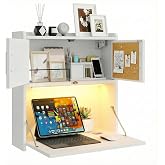 ARTETHYS Wall Mounted Desk Folding with Light Drop Down Hanging Desk | Multifunctional Fold Down Laptop Computer Table, Writing Workstation with Storage Compartments, Space Saving for Home