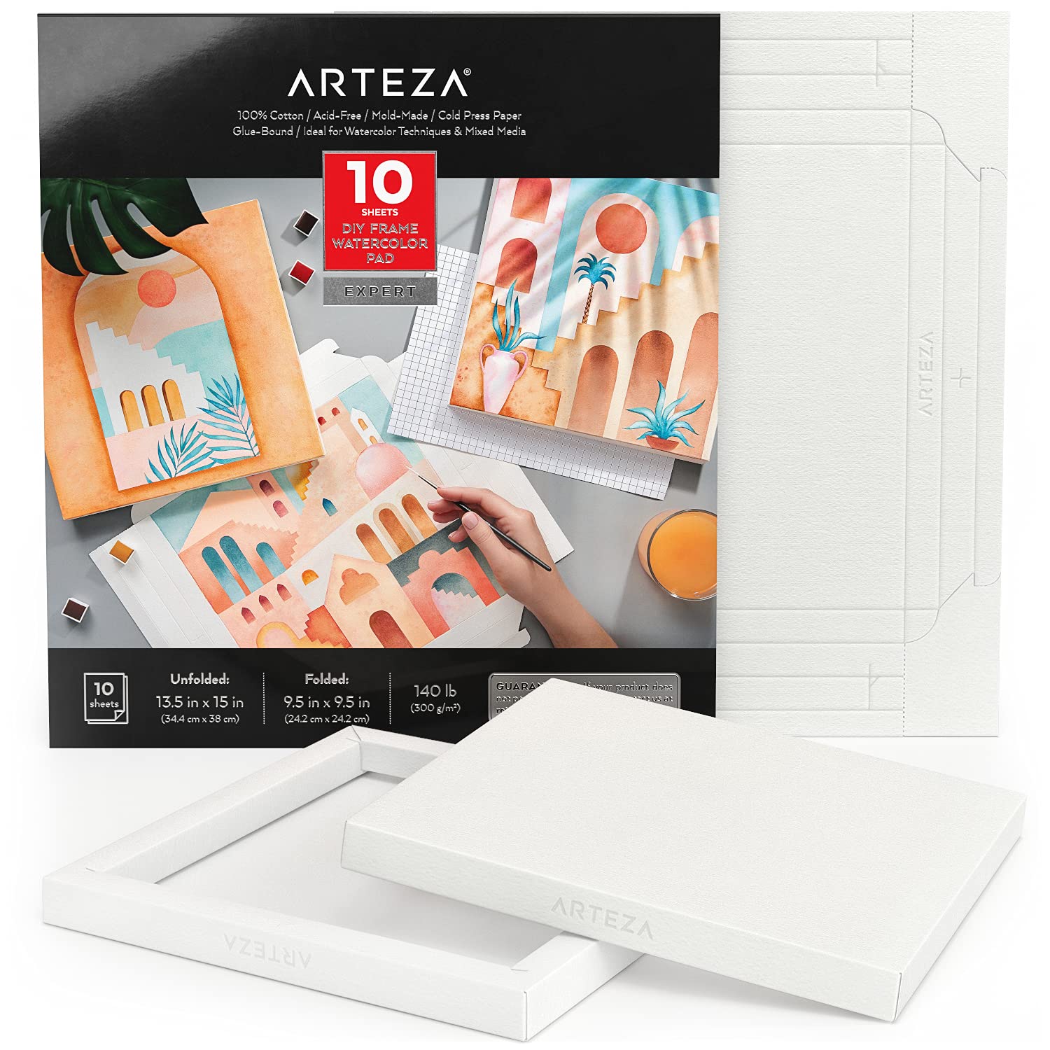 Arteza Watercolour Pad, 10 Sheets of 100% Cotton Foldable Paper 24.2 x 24.2 cm When Folded, 300 GSM Canvas Pad for Watercolour Painting