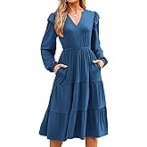 Glamaker Womens Long Sleeve Midi Dress Casual Flutter V Neck Tiered Striped A line Flowy Fall Dresses