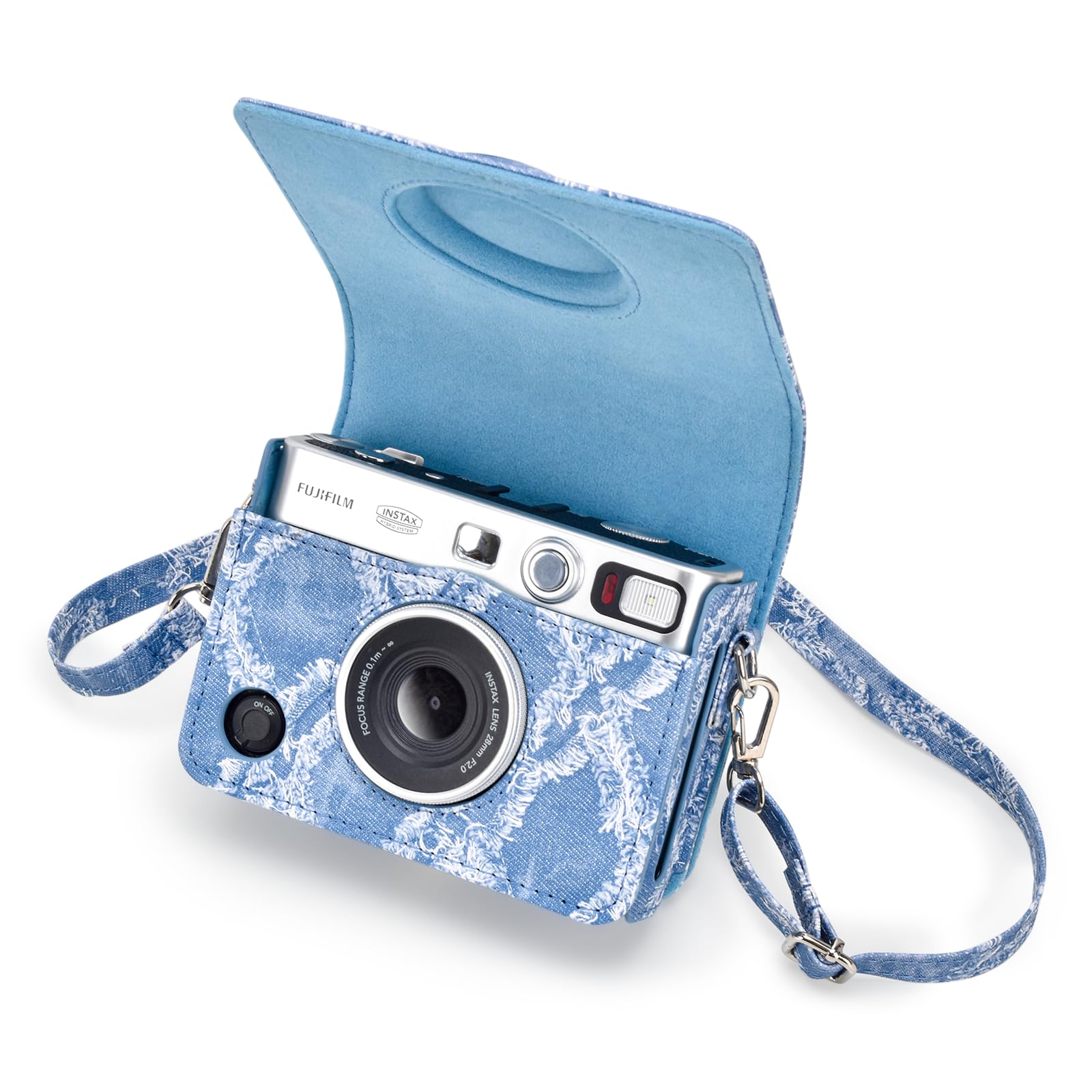 MUZIRI KINOKOO Fuji Mini EVO Case - PU Leather Denim Pattern Camera Case - Bottom Opening - Denim Blue