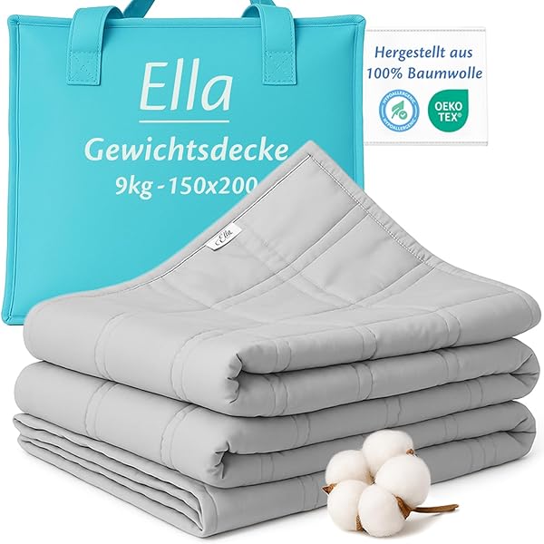Ella Gewichtsdecke 150x200 9kg - Anti Stress Therapiedecke - Schwere Decke aus 100% Baumwolle - Bettdecke für tiefen Schlaf & bessere Erholung, Weighted Blanket Für Männer, Frauen von 75-110kg, Grau