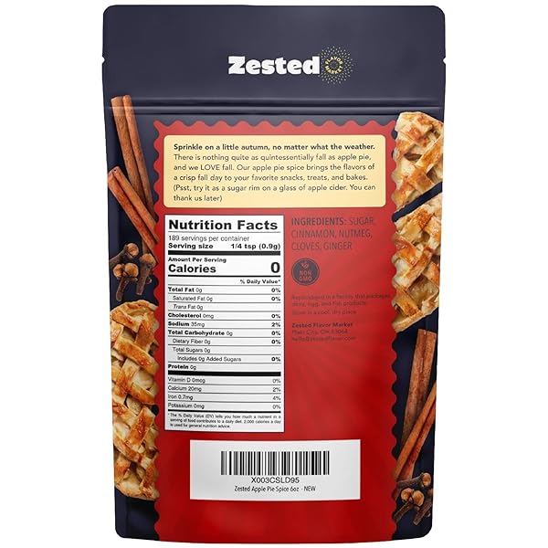 ZESTED FLAVOR MARKET APPLE PIE SPICE – FOR BAKING & DESSERTS WITH APPLE PIE SPICE SEASONING – SNACK FOOD DIPS, SPREADS & POPCORN SEASONING – GLUTEN-FREE & NUT-FREE HEALTHY SNACKS – 6 OZ POUCH