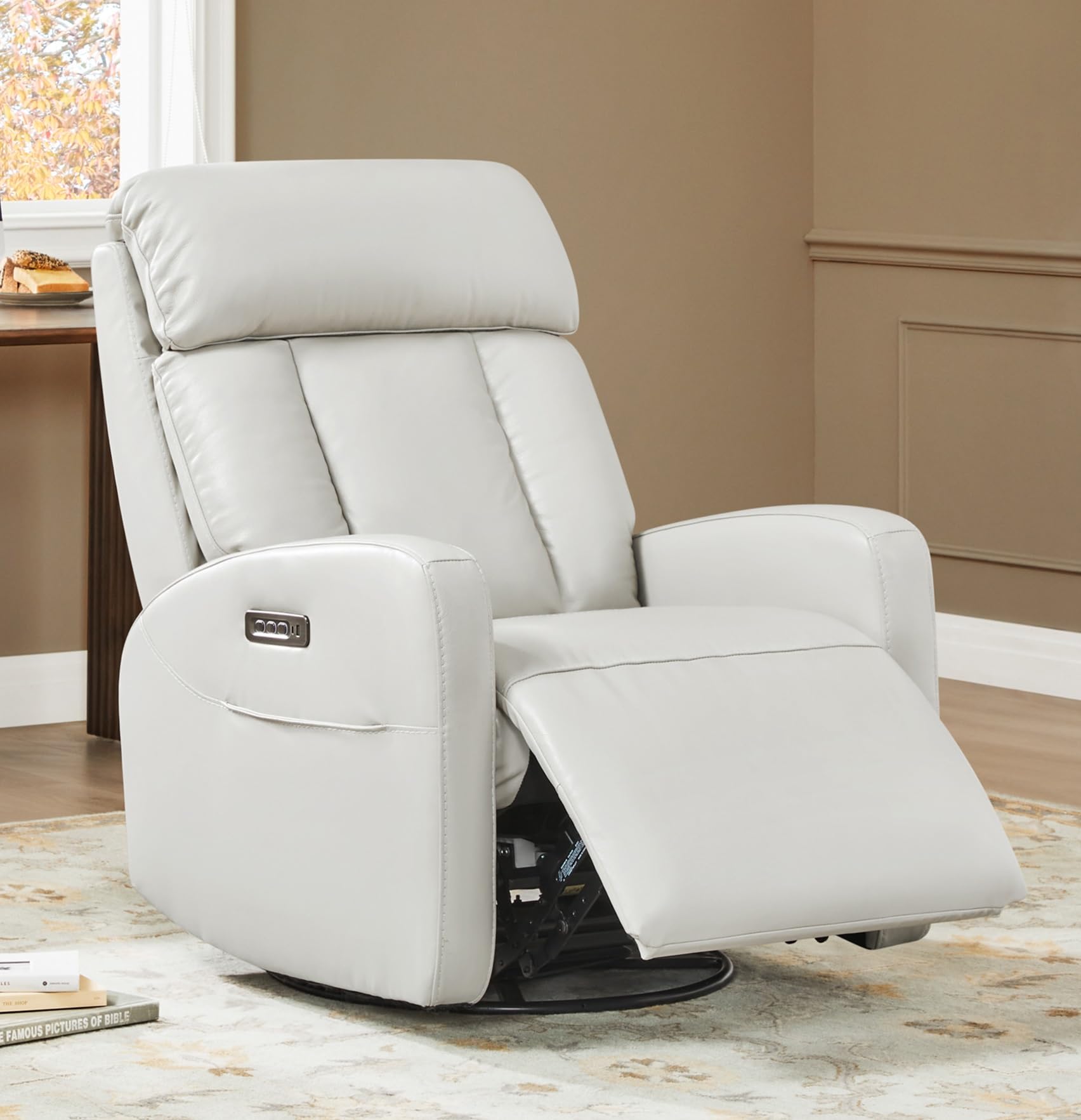 Photo 1 of CHITA Leather Power Swivel Recliner Chair for Adults, Triple Motor Electric Rocker Recliner for Living Room with Adjustable Headrest and Lumbar Support, USB & Type-C Charging Ports, Creamy Grey