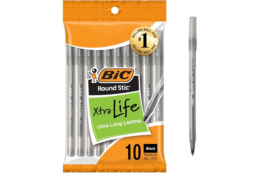 BIC Round Stic Black Ballpoint Pens, Medium Point, 1.0mm, 10-Count | Bulk Pack for Office or School, Flexible Round Barrel for Comfort, Smooth Ink for Consistent Writing, Dependable Performance