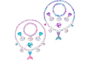 BAOBAOJOY 2 Sets Mermaid Jewelry Set for Girls, Princess Accessories for Dress-up, Birthday Party & Costume Play Mermaid Necklace, Bracelet, Ring & Earrings for Girls Age 3-8
