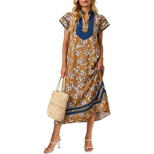 Wenrine Women Summer Floral Maxi Dress Cap Sleeve V Neck Boho Beach Dresses | Two Side Pockets, Short Sleeve, Color Block, Si