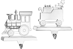 Klikel Train Stocking Hanger Set of 2 - Shiny Silver Metal Christmas Stocking Holder for Fireplace Mantle - Heavy Duty with Hook