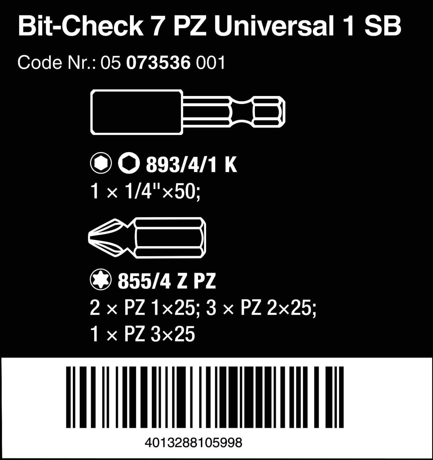 Wera Bit-Sortiment, Bit-Check 7 PZ Universal 1 SB, 7-teilig, Wera 05073536001 2