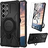 for Samsung Galaxy S25 Ultra Case with Tempered Glass Screen Protector, Heavy Duty Military Grade Shockproof Protective Cover 360° Ring Magnetic Kickstand Cell Phone Case for Samsung S25 Ultra (Black)