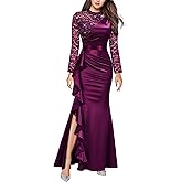 Miusol Women's Vintage Lace Contrast Satin Design Ruched Ruffle Formal Evening Maxi Dress